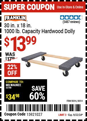 FRANKLIN: 30 in. x 18 in. 1000 lb. Capacity Hardwood Dolly