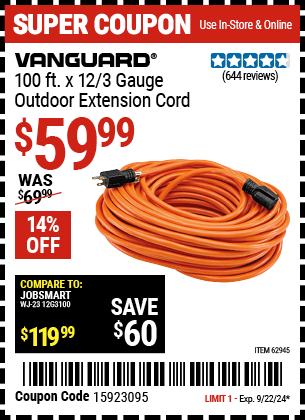 VANGUARD: 100 ft. x 12/3 Gauge Outdoor Extension Cord, Orange