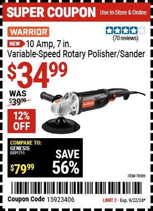 WARRIOR: 10 Amp, 7 in. Variable-Speed Rotary Polisher/Sander