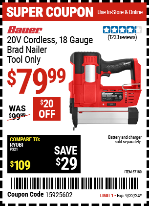 BAUER: 20V Cordless 18 Gauge Brad Nailer - Tool Only