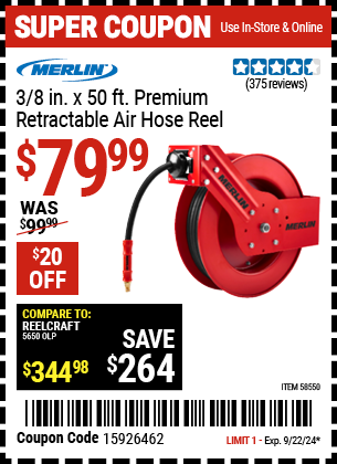 MERLIN: 3/8 in. x 50 Ft. Premium Retractable Air Hose Reel