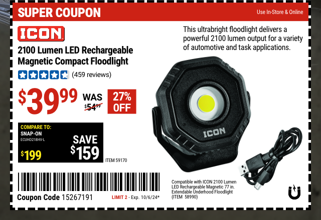 ICON: 2100 Lumen LED Rechargeable Magnetic Compact Floodlight - coupon