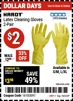 HARDY: Latex Cleaning Gloves, 2-Pair, Large/X-Large