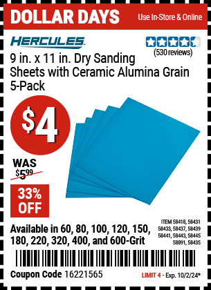 HERCULES: 9 in. x 11 in. 220 Grit Dry Sanding Sheets with Ceramic Alumina Grain, 5 Pack