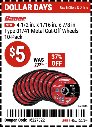 BAUER: 4-1/2 in. x 1/16 in. x 7/8 in., Type 01/41 Metal Cut-Off Wheel, 10-Pack