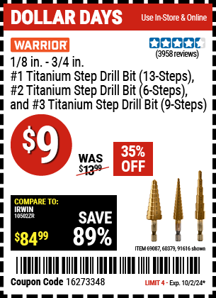 WARRIOR: 1/8 in. - 3/4 in. #1 Titanium Step Drill Bit (13-Steps), #2 Titanium Step Drill Bit (6-Steps), and #3 Titanium Step Drill Bit (9-Steps)