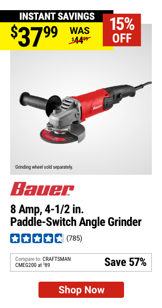 BAUER: 8 Amp 4-1/2 in. Paddle Switch Angle Grinder