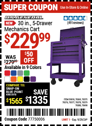 U.S. GENERAL: 30 in., 5-Drawer Mechanics Cart, Purple