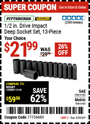 PITTSBURGH: 1/2 in. Drive SAE Impact Deep Socket Set, 13-Piece