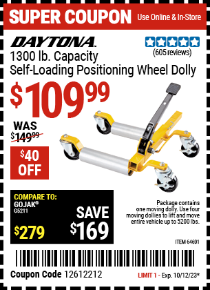 DAYTONA: 1300 lb. Capacity Self-Loading Positioning Wheel Dolly