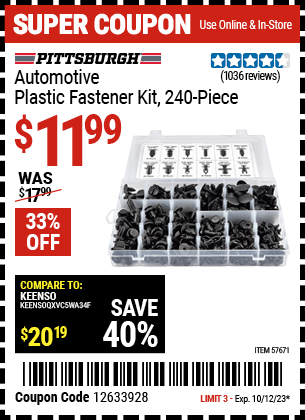 PITTSBURGH: Automotive Plastic Fastener Kit, 240 Piece