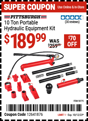 PITTSBURGH: 10 Ton Portable Hydraulic Equipment Kit