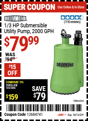 DRUMMOND: 1/3 HP Submersible Utility Pump 2000 GPH