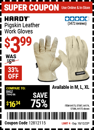 HARDY: Pigskin Leather Work Gloves, Large