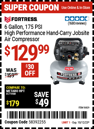 FORTRESS: 6 gallon, 175 PSI High Performance Hand Carry Jobsite Air Compressor