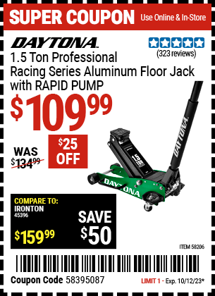 DAYTONA: 1.5 ton Professional Racing Series Aluminum Floor Jack with RAPID PUMP