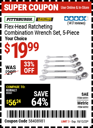 PITTSBURGH: Flex-Head Metric Ratcheting Combination Wrench Set, 5 Piece