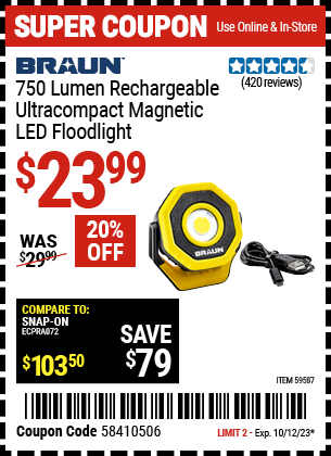 BRAUN: 750 Lumen Rechargeable Ultra-Compact Magnetic LED Floodlight, Yellow