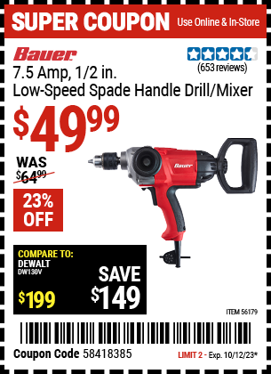 BAUER: 7.5 Amp 1/2 in. Low Speed Spade Handle Drill/Mixer