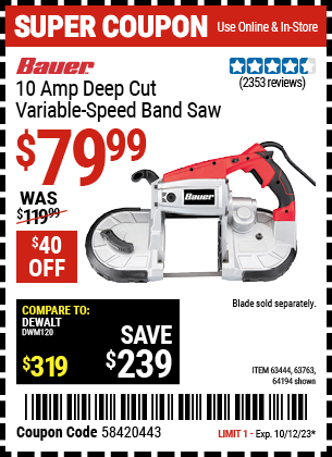BAUER: 10 Amp Deep Cut Variable-Speed Band Saw