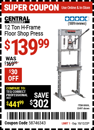 CENTRAL MACHINERY: 12 ton H-Frame Floor Shop Press