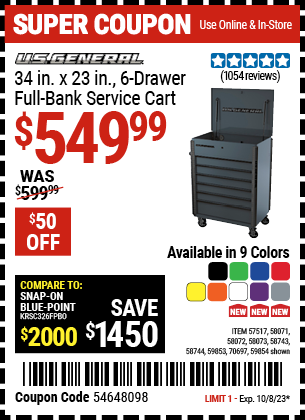 U.S. GENERAL: 34 in. x 23 in., 6-Drawer, Full-Bank Service Cart, Slate Gray - coupon