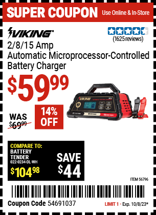 VIKING: 2/8/15 Amp Automatic Microprocessor Controlled Battery Charger - coupon