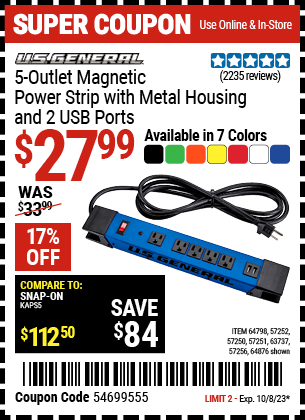 U.S. GENERAL: 5-Outlet Magnetic Power Strip with Metal Housing and 2 USB Ports, Blue - coupon