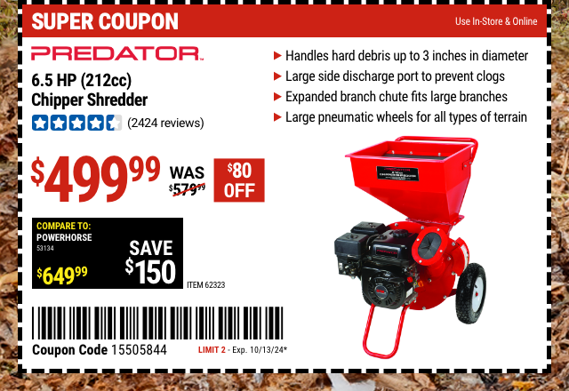 PREDATOR 6.5 HP (212cc) Chipper Shredder - coupon