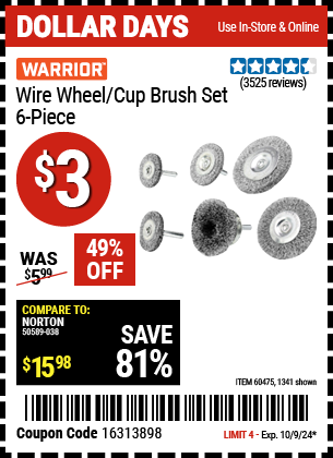 WARRIOR: Wire Wheel/Cup Brush Set, 6 Piece