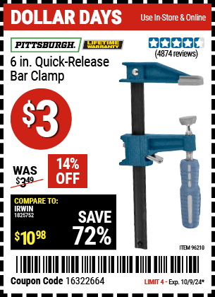 PITTSBURGH: 6 in. Quick Release Bar Clamp