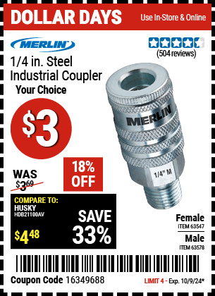 MERLIN: 1/4 in. Female Steel Industrial Coupler