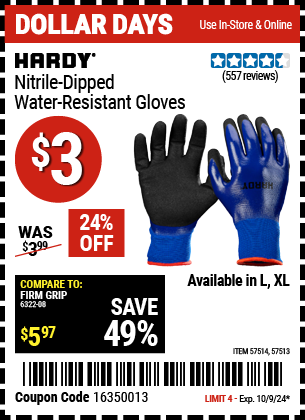 HARDY: Nitrile Dipped Water-Resistant Gloves, X-Large