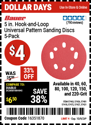 BAUER: 5 in. 220 Grit Hook and Loop Universal Pattern Sanding Discs, 5 Pack