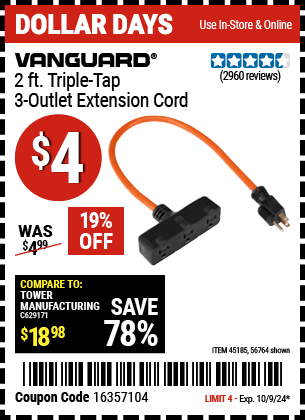 VANGUARD: 2 ft. Triple Tap 3 Outlet Extension Cord