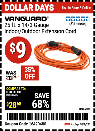 VANGUARD: 25 ft. x 14/3 Gauge Indoor/Outdoor Extension Cord, Orange