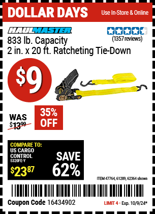 HAUL-MASTER: 833 lb. Capacity 2 in. x 20 ft. Ratcheting Tie Down