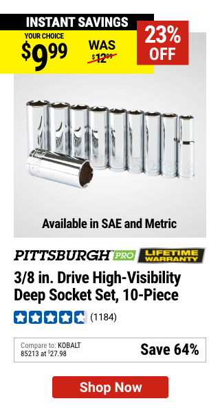 PITTSBURGH PRO: 3/8 in. Drive SAE High Visibility Deep Socket, 10-Piece