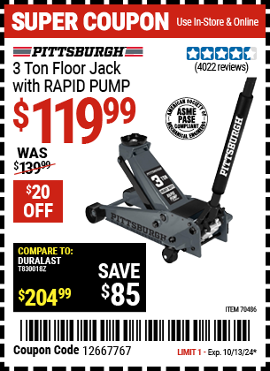 PITTSBURGH: 3 Ton Floor Jack with RAPID PUMP, Slate Gray