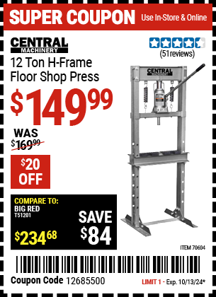 CENTRAL MACHINERY: 12 Ton H-Frame Floor Shop Press