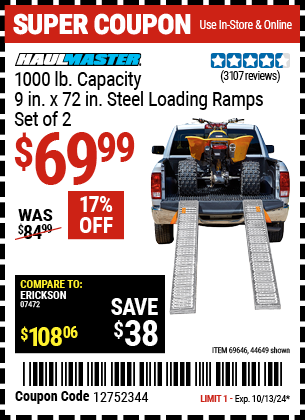 HAUL-MASTER: 1000 lb. Capacity 9 in. x 72 in. Steel Loading Ramps, Set of Two