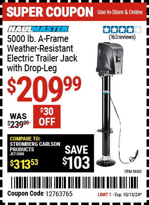 HAUL-MASTER: 5000 lb. A-Frame Weather Resistant Electric Trailer Jack with Drop Leg