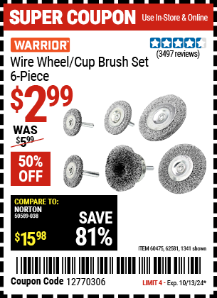 WARRIOR: Wire Wheel/Cup Brush Set, 6 Piece