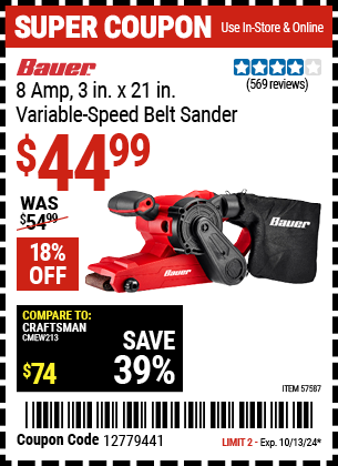 BAUER: 8 Amp, 3 in. x 21 in. Variable Speed Belt Sander