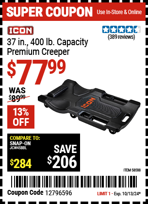 ICON: 37 in., 400 lb. Capacity Premium Creeper, Black