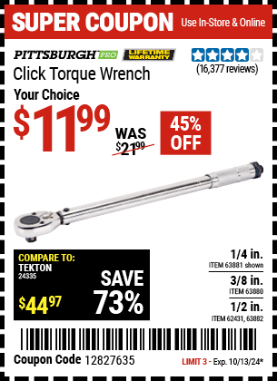 PITTSBURGH: 1/2 in. Drive 10-150 ft. lb. Click Torque Wrench