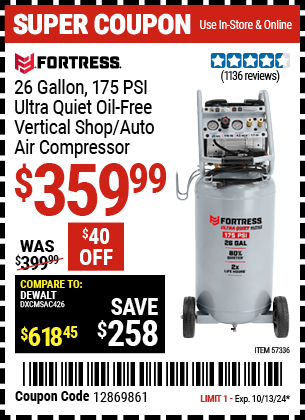 FORTRESS: 26 Gallon, 175 PSI Ultra Quiet Oil-Free Vertical Shop/Auto Air Compressor