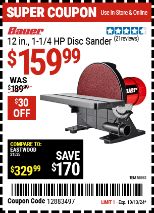 BAUER: 12 in., 1-1/4 HP Disc Sander