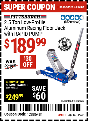 PITTSBURGH AUTOMOTIVE: 2.5 Ton Low-Profile Aluminum Racing Floor Jack with RAPID PUMP