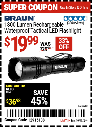 BRAUN: 1800 Lumen Rechargeable Waterproof Tactical LED Flashlight